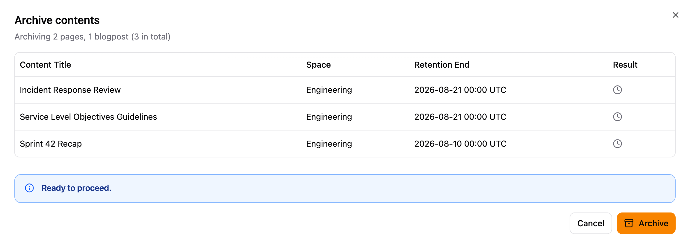 Archive contents dialog listing selected items and their retention end dates