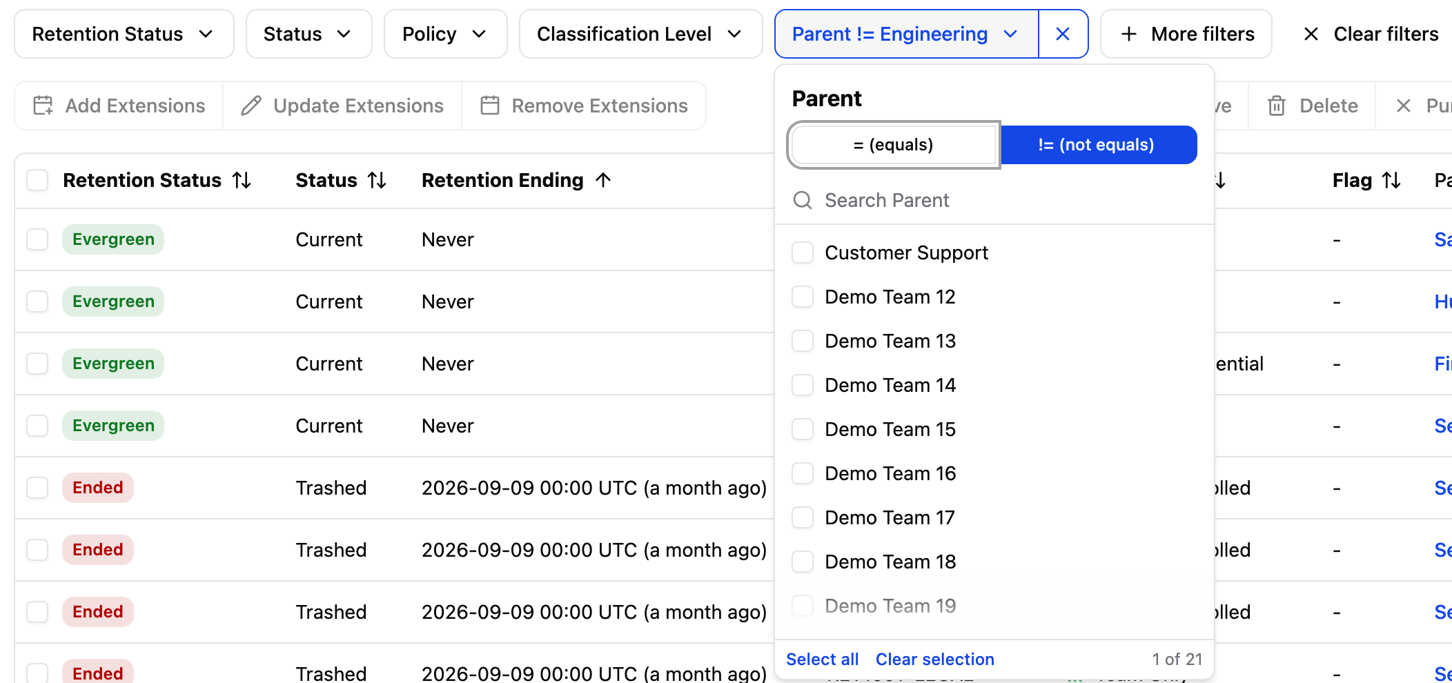 Content Audit filter toolbar with the Parent filter open