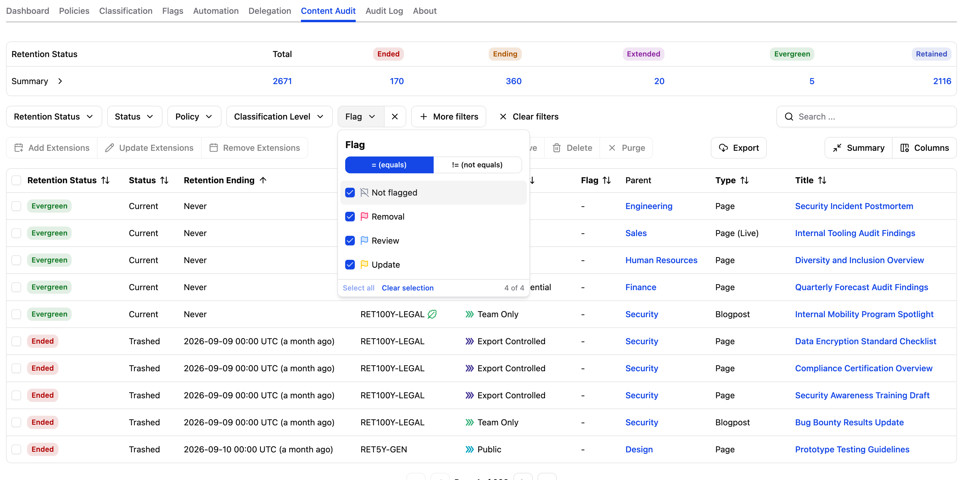 Content Audit filter toolbar with the Flag filter open