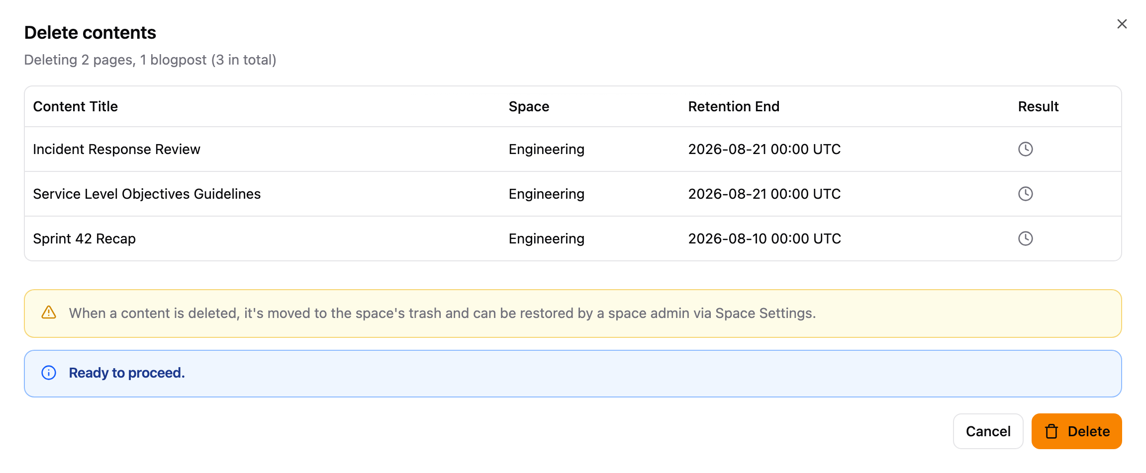 Delete contents dialog listing selected items with a warning that deleted content moves to the space trash