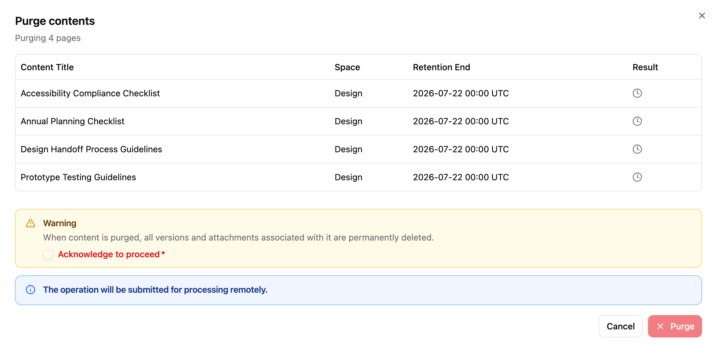 Purge contents dialog requiring acknowledgment before permanently removing selected items
