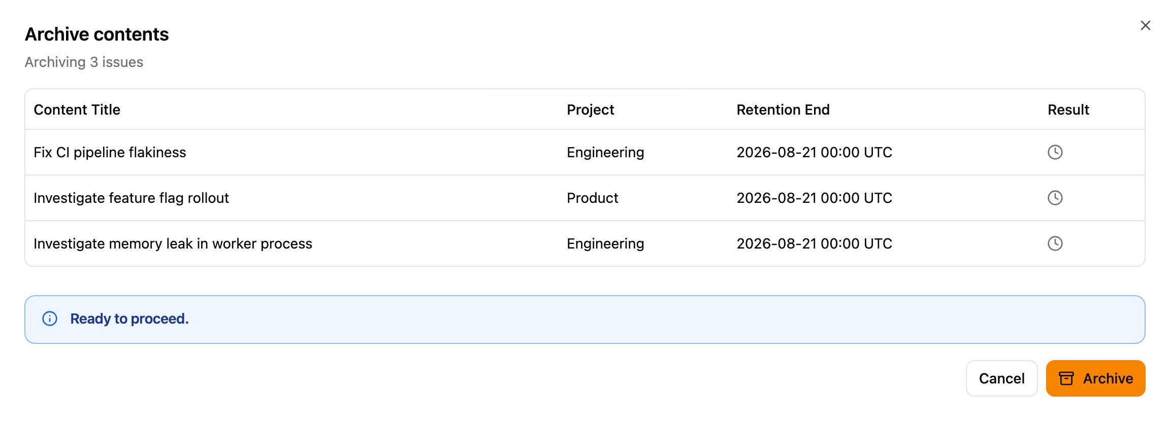 Archive contents dialog listing selected items and their retention end dates