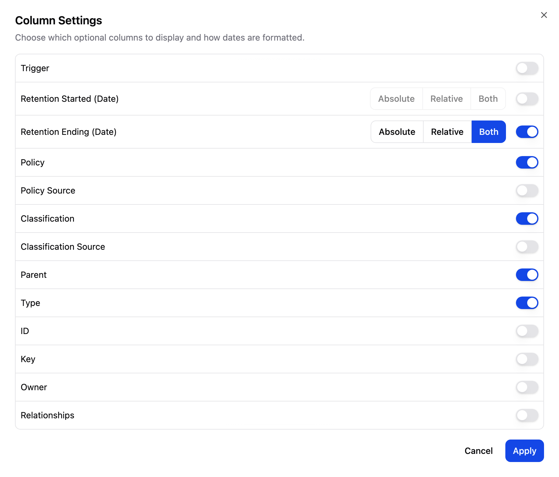 Column Settings dialog for the Content Audit tab