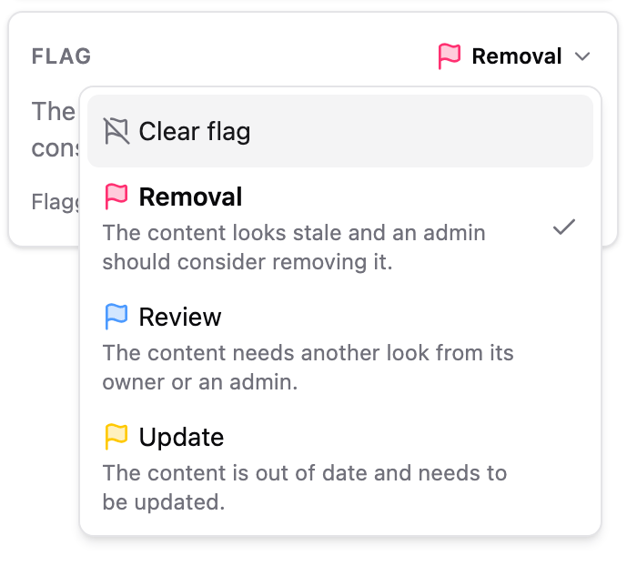 Panel with the Flag card open on a flagged item, showing Clear flag at the top of the list and the current flag checked