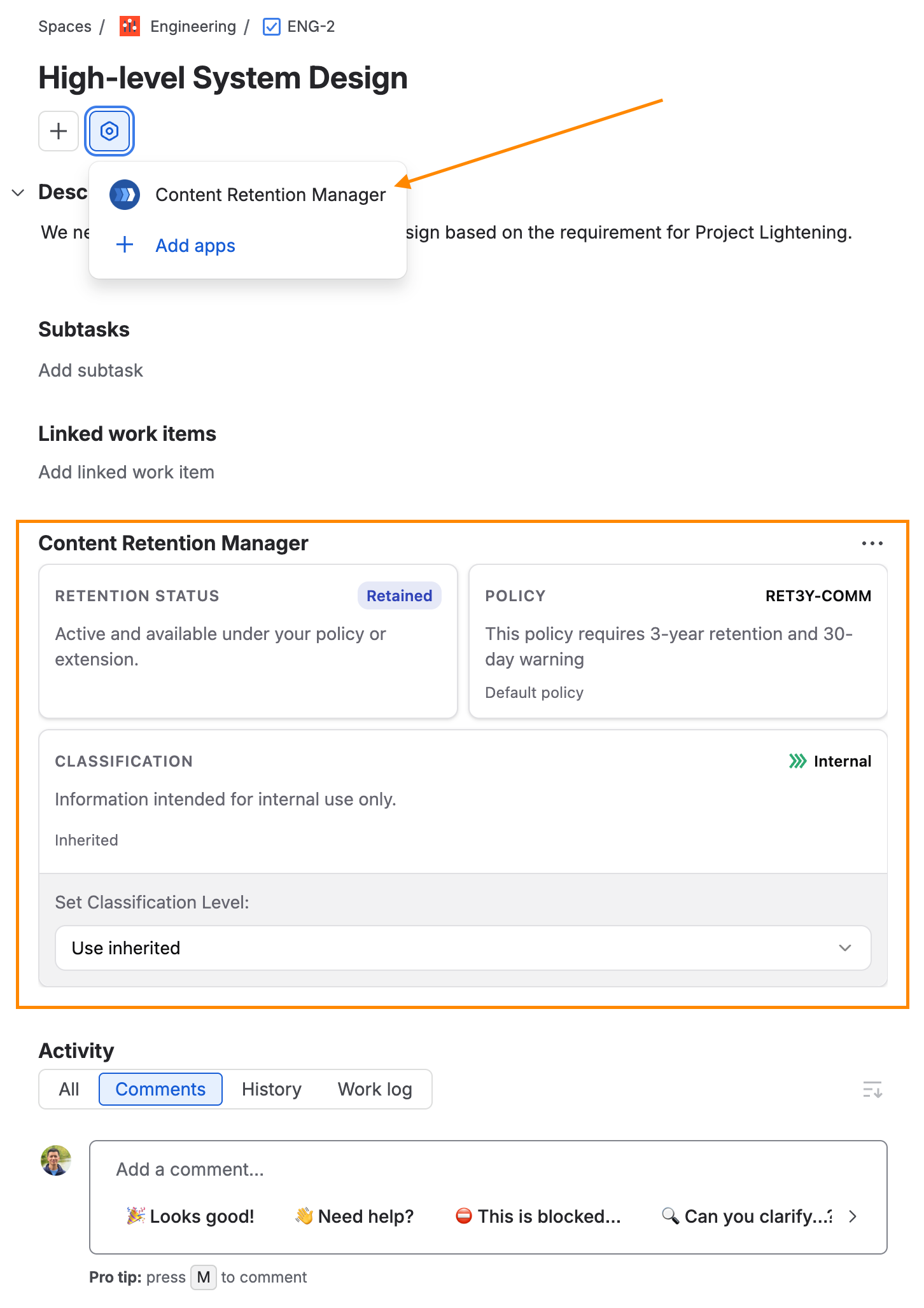 Opening the Content Retention Manager issue panel from the apps icon, showing Retention Status, Policy, and Classification cards